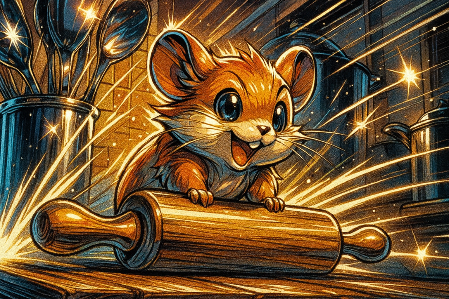 The golden light dances across the kitchen